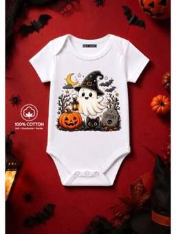 BLUSHES - Knit Spooky Ghost Halloween Theme Half Sleeves Printed Onesies-White