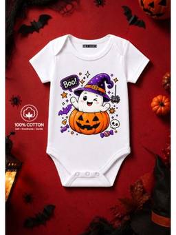 BLUSHES - Knit Happy Ghost Halloween Theme Half Sleeves Printed Onesies-White