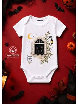 BLUSHES - Knit Sweet Cat Half Sleeves Printed Onesies-White
