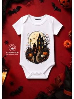 BLUSHES - Knit Spooky Moon Half Sleeves Printed Onesies-White