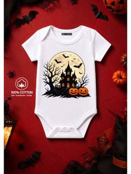 BLUSHES - Knit Bat And Moon Half Sleeves Printed Onesies-White