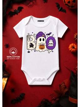 BLUSHES - Knit Boo And Bat Half Sleeves Printed Onesies-White