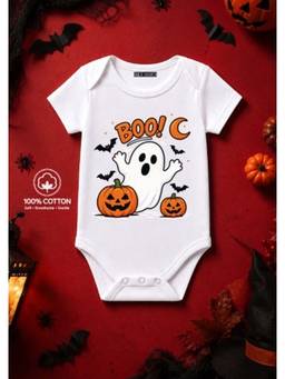 BLUSHES - Knit Boo And Ghost Half Sleeves Printed Onesies-White