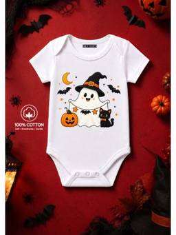 BLUSHES - Knit Happy Cat And Boo Half Sleeves Printed Onesies-White