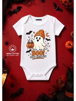 BLUSHES - Knit Boo Happy Halloween Theme Half Sleeves Printed Onesies-White