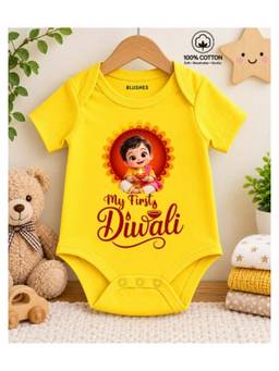 BLUSHES - Knit Half Sleeves My First Diwali Text Printed Onesies -Yellow