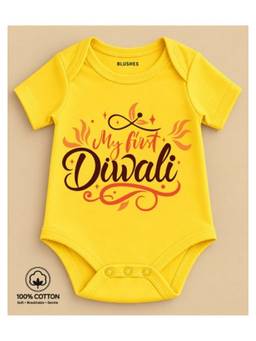 BLUSHES - Knit Half Sleeves My First Diwali Text Printed Onesies -Yellow