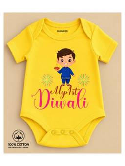 BLUSHES - Knit Half Sleeves My First Diwali Text Printed Onesies -Yellow