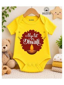 BLUSHES - Knit Half Sleeves My First Diwali Text Printed Onesies -Yellow