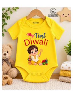BLUSHES - Knit Half Sleeves My First Diwali Text Printed Onesies -Yellow