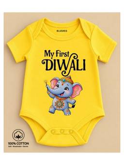 BLUSHES - Knit Half Sleeves My First Diwali Text Printed Onesies -Yellow
