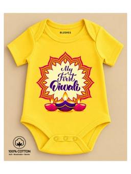 BLUSHES - Knit Half Sleeves My First Diwali Text Printed Onesies-Yellow