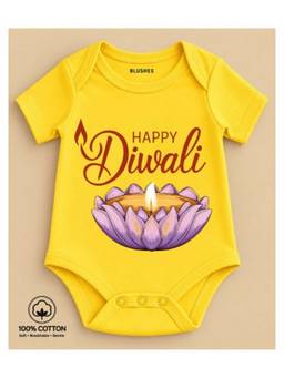 BLUSHES - Knit Half Sleeves Happy Diwali Text Printed Onesies -Yellow