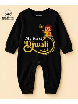 BLUSHES - Knit My First Diwali Text Printed Romper- Black