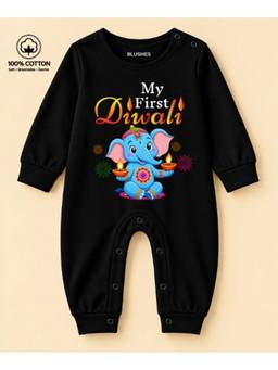 BLUSHES - Knit My First Diwali Text Printed Romper- Black