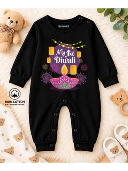 BLUSHES - Knit My First Diwali Text Printed Romper - Black