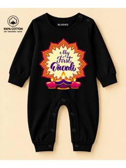 BLUSHES - Knit My First Diwali Text Printed Romper- Black
