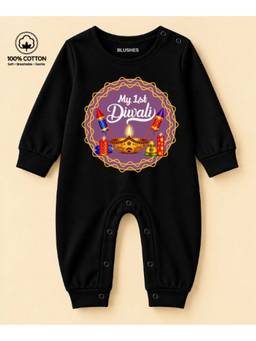 BLUSHES - Knit My First Diwali Text Printed Romper - Black