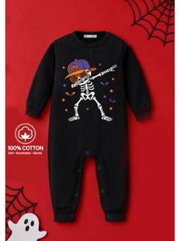 BLUSHES - Knit Bone Halloween Theme Printed Romper-Black