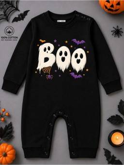 BLUSHES - Knit Boo And Bat Halloween Theme Printed Romper-Black