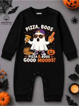 BLUSHES - Knit Pizza Boo Halloween Theme Printed Romper-Black
