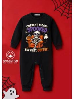 BLUSHES - Knit Current Mood Spooked Halloween Theme Printed Romper-Black