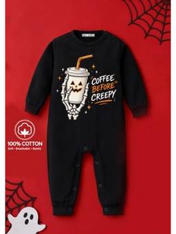 BLUSHES - Knit Coffee Before Creepy Halloween Theme Printed Romper-Black