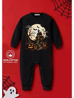 BLUSHES - Knit Ghost House Halloween Theme Printed Romper-Black