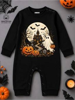 BLUSHES - Knit Ghost House And Boo Halloween Theme Printed Romper-Black