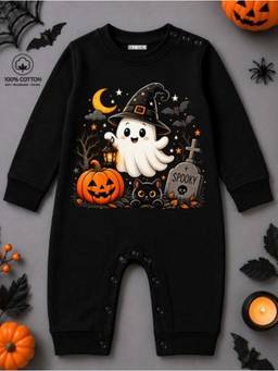 BLUSHES - Knit Spooky Ghost Halloween Theme Printed romper-Black