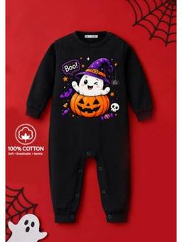 BLUSHES - Knit Happy Ghost Halloween Theme Printed Romper-Black