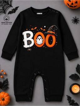 BLUSHES - Knit Boo Halloween Theme Printed Romper-Black