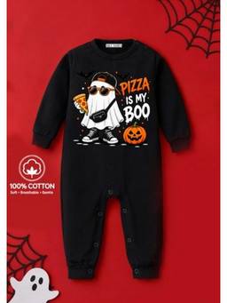 BLUSHES - Knit Pizza Is My Boo Printed Romper-Black