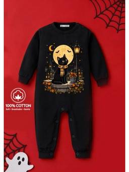 BLUSHES - Knit Cat And Moon Printed Romper-Black
