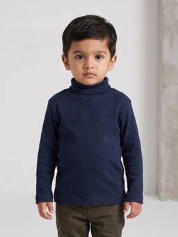 Pranava - Kids Navy Blue Solid High Neck Full Sleeve T-Shirt