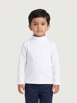 Pranava - Kids White Solid High Neck Full Sleeve T-Shirt