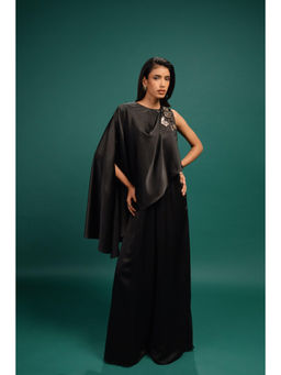 Style Junkiie - Ebony Spotted Draped Satin Cape Jumpsuit