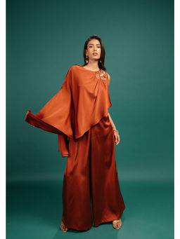 Style Junkiie - Rust Spotted Draped Satin Cape Jumpsuit