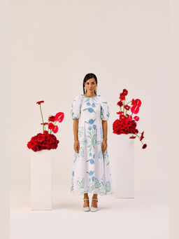 TheRealB - White Linen Floral Puff Sleeve Midi Dress