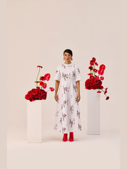 TheRealB - White Cotton Floral A-Line Midi Dress