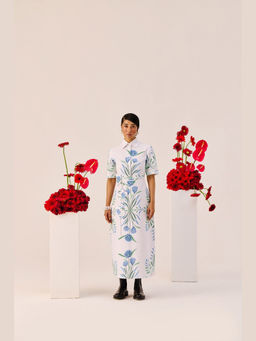 TheRealB - White Botanical Print Shirt-Collar Midi Dress