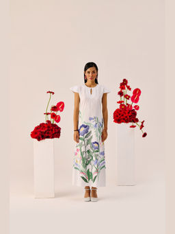 TheRealB - White Floral Cap-Sleeve Maxi Dress