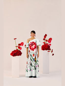 TheRealB - Ice Blue Floral One-Shoulder Maxi Dress - Statement Puff Sleeve