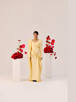 TheRealB - Yellow Ruched Evening Gown with Puff Sleeves