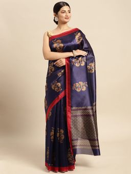 Sangam Prints - Navy Blue Art Silk Printed Traditional Saree with Unstitched Blouse
