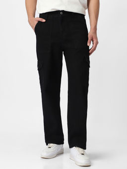Urbano Fashion - Mens Black Loose Fit Cargo Jeans with 6 Pockets Non-Stretchable