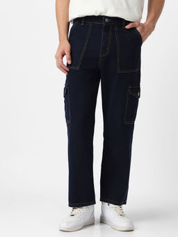 Urbano Fashion - Mens Dark Blue Loose Fit Cargo Jeans with 6 Pockets Non-Stretchable