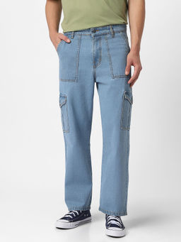 Urbano Fashion - Mens Ice Blue Loose Fit Cargo Jeans with 6 Pockets Non-Stretchable