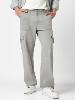 Urbano Fashion - Mens Ice Grey Loose Fit Cargo Jeans with 6 Pockets Non-Stretchable