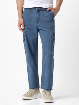 Urbano Fashion - Mens Light Blue Loose Fit Cargo Jeans with 6 Pockets Non-Stretchable